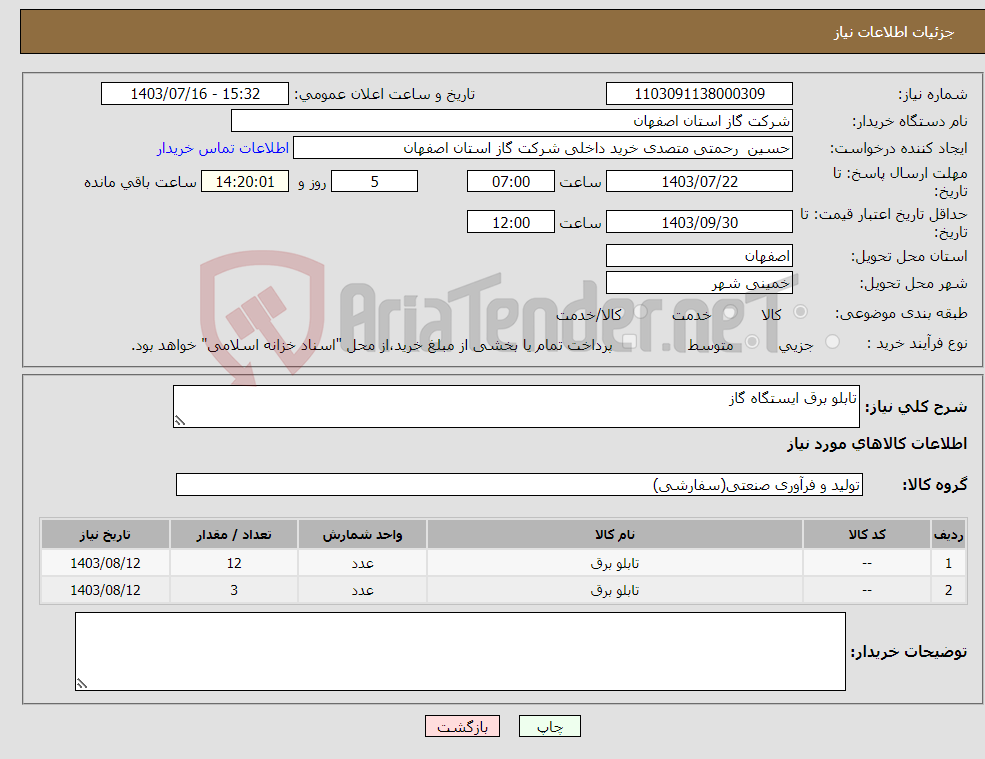 تصویر کوچک آگهی نیاز انتخاب تامین کننده-تابلو برق ایستگاه گاز