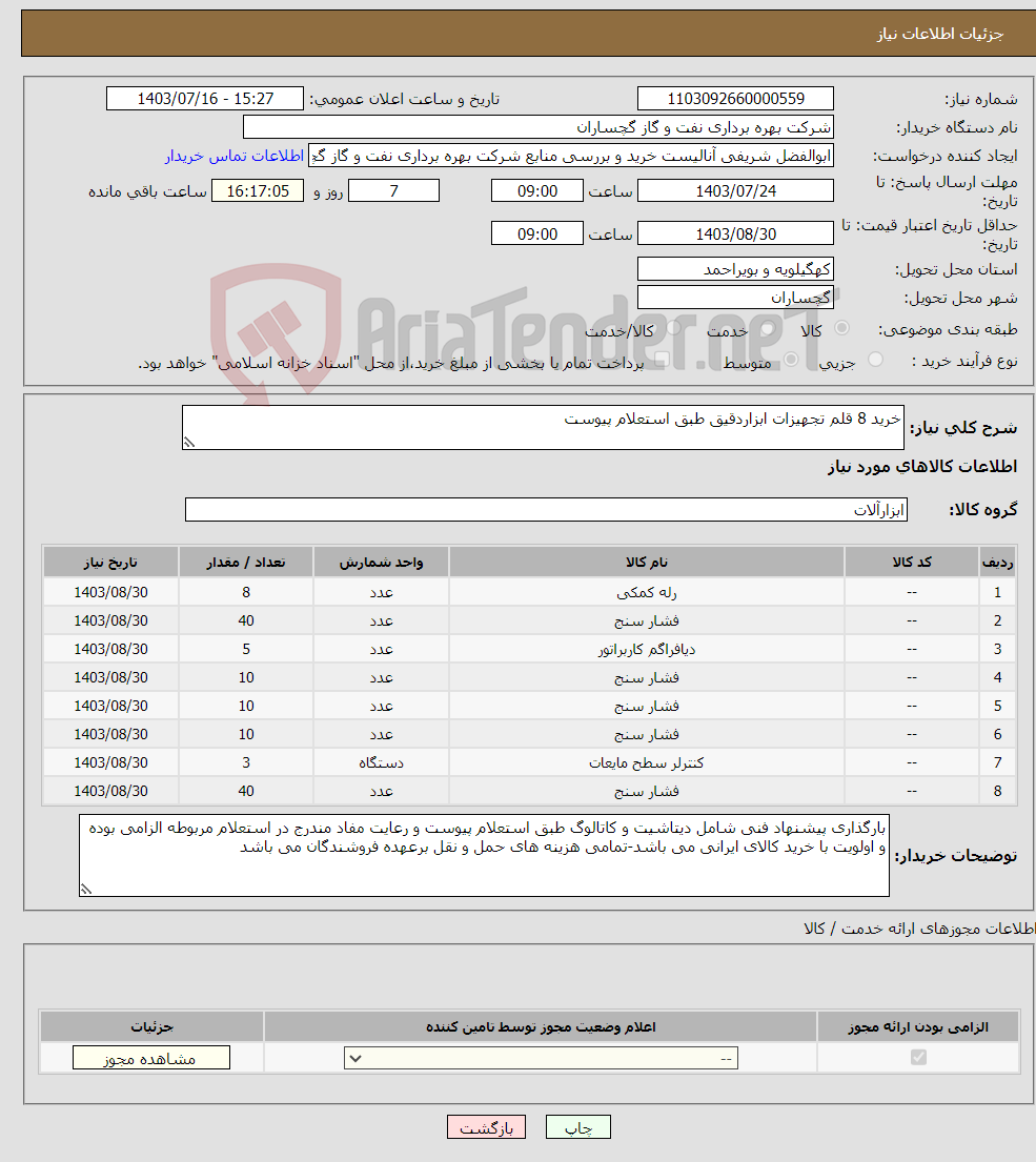 تصویر کوچک آگهی نیاز انتخاب تامین کننده-خرید 8 قلم تجهیزات ابزاردقیق طبق استعلام پیوست