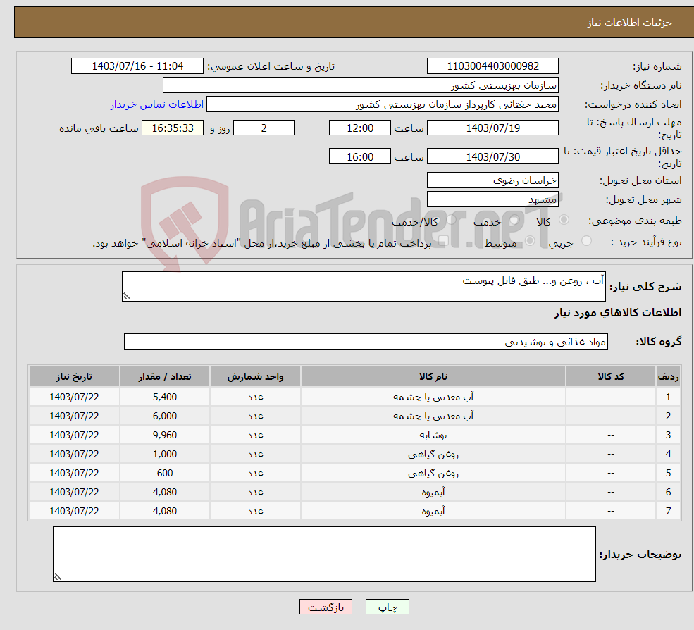 تصویر کوچک آگهی نیاز انتخاب تامین کننده-آب ، روغن و... طبق فایل پیوست