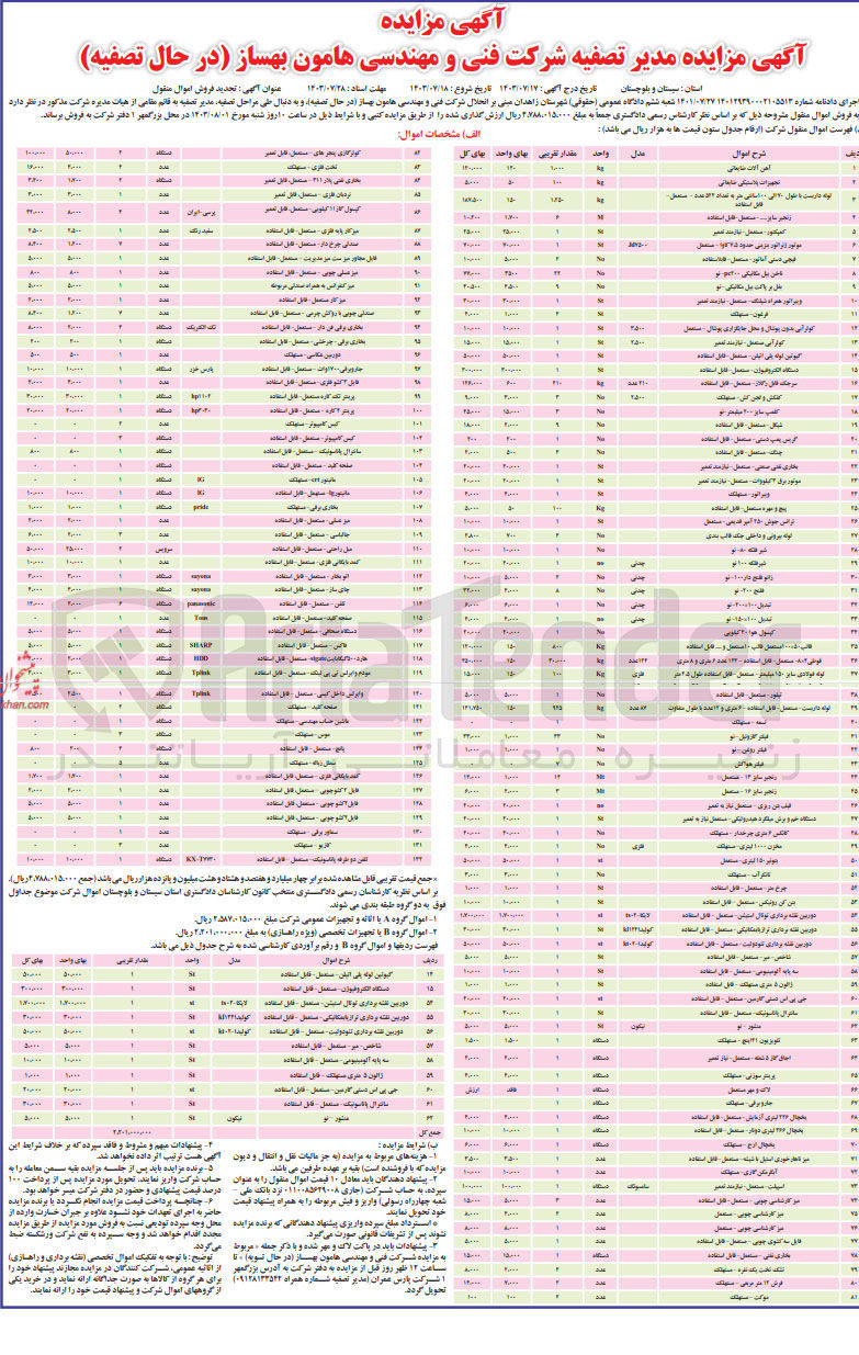 تصویر کوچک آگهی فروش اموال منقول در 132 ردیف :
 آهن آلات ضایعاتی
تجهیزات پلاستیکی ضایعاتی
لوله داربست با طول 70 الی 100 سانتی متر به تعداد ۵۴۲ عدد - مستعمل
زنجیر سایز 00 - مستعمل قابل استفاده
کمپکتور - مستعمل - نیازمند تعمیر
کولر گازی پنجرهای مستعمل قابل تعمیر
بخاری نفتی پلار ۳۱۱ - مستعمل، قابل تعمیر
نردبان فلزی مستعمل قابل تعمیر 
کپسول گاز ا۱ کیلویی مستعمل قابل تعمیر
میزکار یا به فلزي مستعمل قابل استفاده
و....