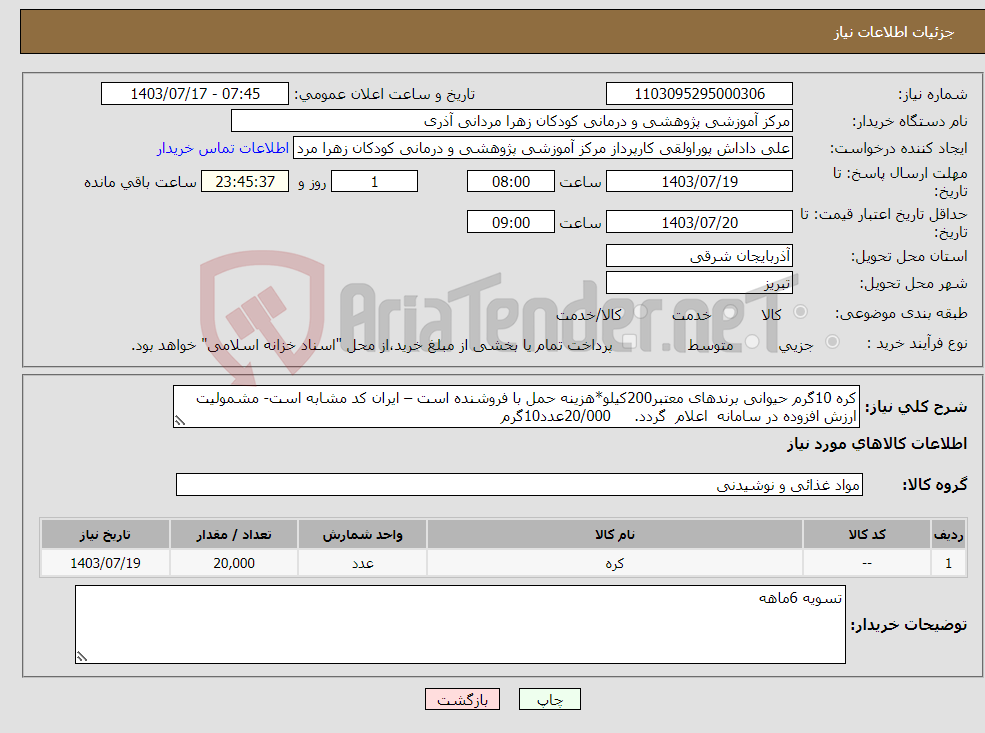 تصویر کوچک آگهی نیاز انتخاب تامین کننده-کره 10گرم حیوانی برندهای معتبر200کیلو*هزینه حمل با فروشنده است – ایران کد مشابه است- مشمولیت ارزش افزوده در سامانه اعلام گردد. 20/000عدد10گرم