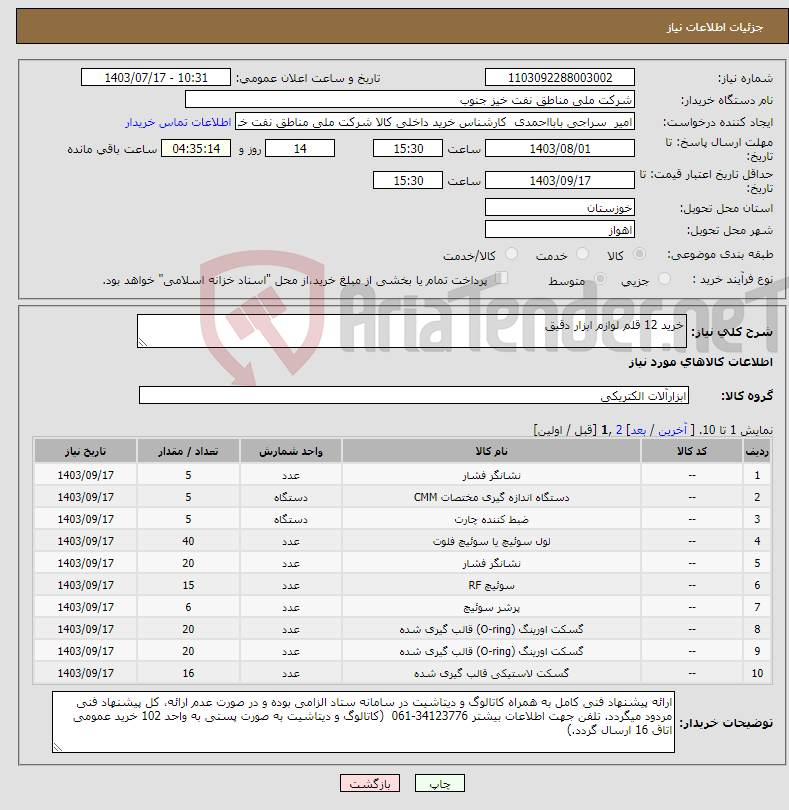 تصویر کوچک آگهی نیاز انتخاب تامین کننده-خرید 12 قلم لوازم ابزار دقیق 