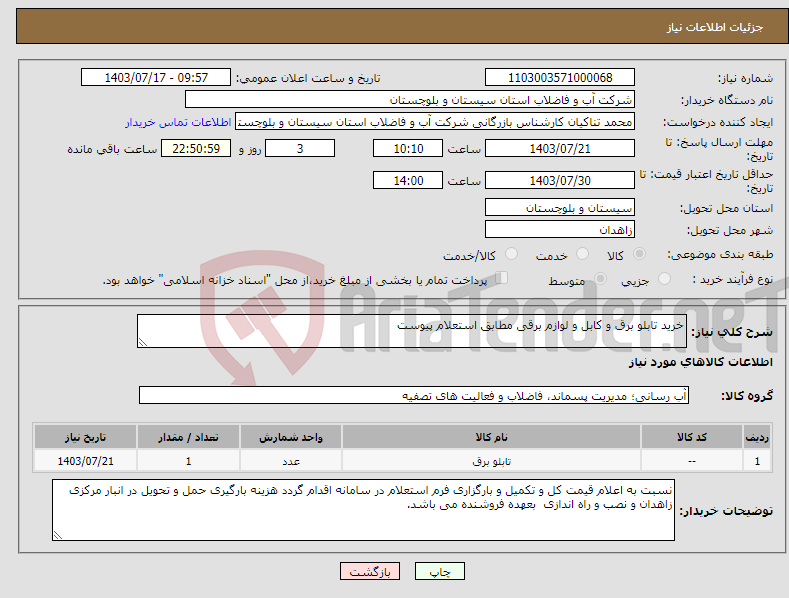 تصویر کوچک آگهی نیاز انتخاب تامین کننده-خرید تابلو برق و کابل و لوازم برقی مطابق استعلام پیوست