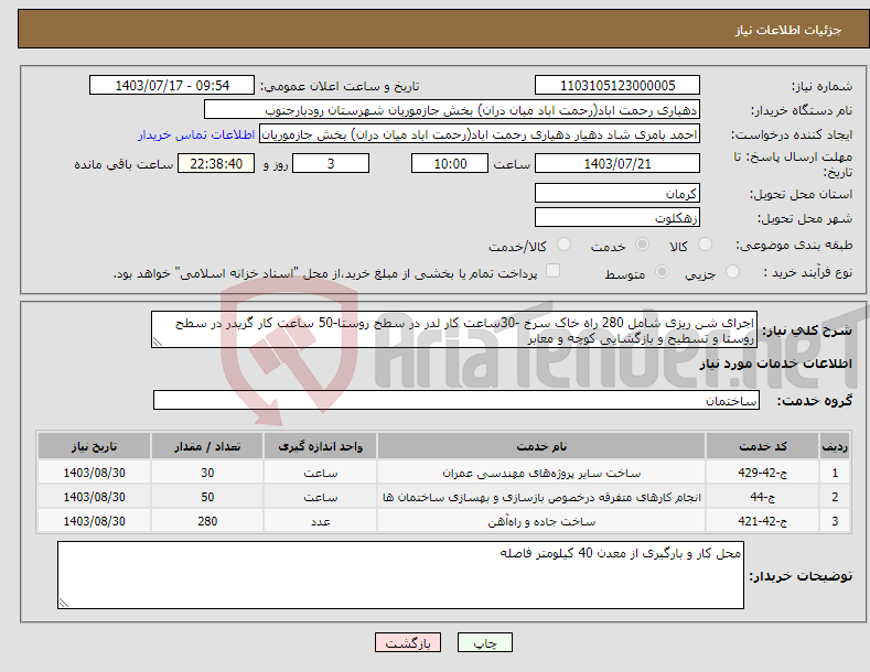 تصویر کوچک آگهی نیاز انتخاب تامین کننده-اجرای شن ریزی شامل 280 راه خاک سرخ -30ساعت کار لدر در سطح روستا-50 ساعت کار گریدر در سطح روستا و تسطیح و بازگشایی کوچه و معابر