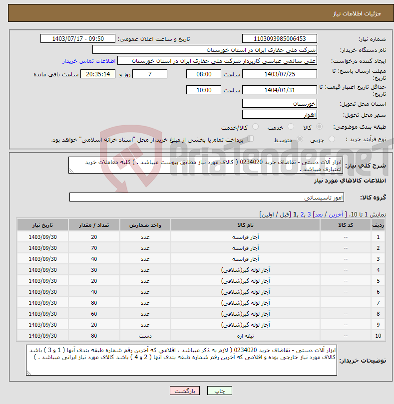 تصویر کوچک آگهی نیاز انتخاب تامین کننده-ابزار آلات دستی - تقاضای خرید 0234020 ( کالای مورد نیاز مطابق پیوست میباشد . ) کلیه معاملات خرید اعتباری میباشد .