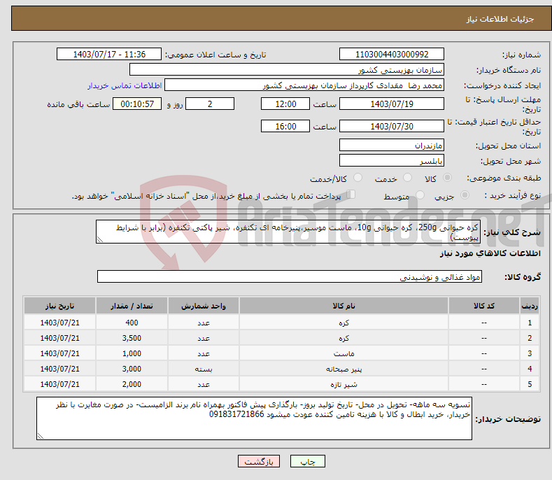 تصویر کوچک آگهی نیاز انتخاب تامین کننده-کره حیوانی 250g، کره حیوانی 10g، ماست موسیر،پنیرخامه ای تکنفره، شیر پاکتی تکنفره (برابر با شرایط پیوست)
