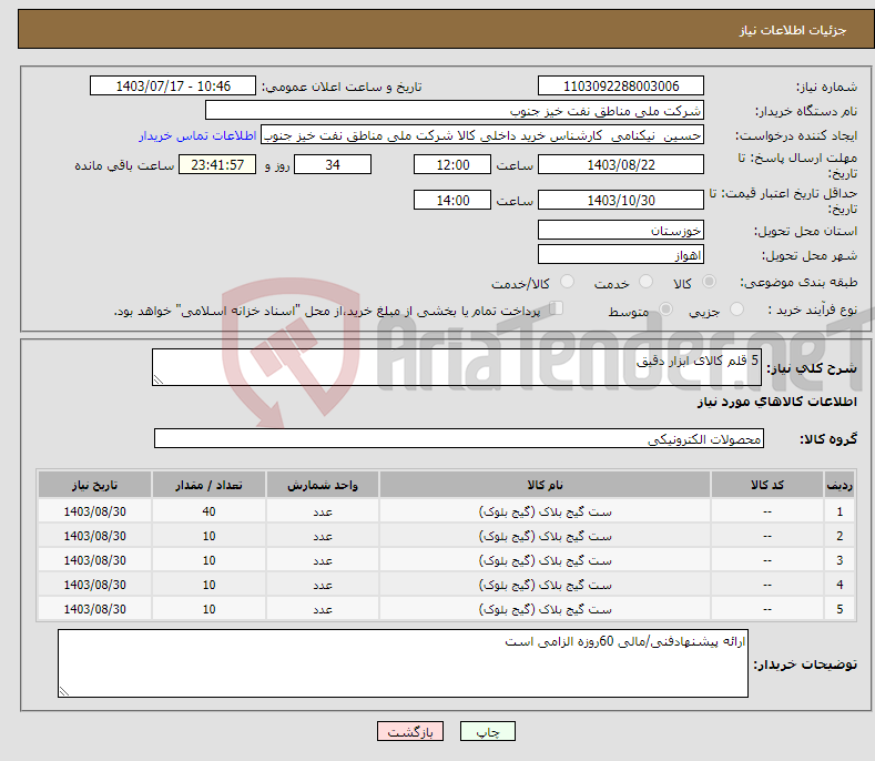 تصویر کوچک آگهی نیاز انتخاب تامین کننده-5 قلم کالای ابزار دقیق