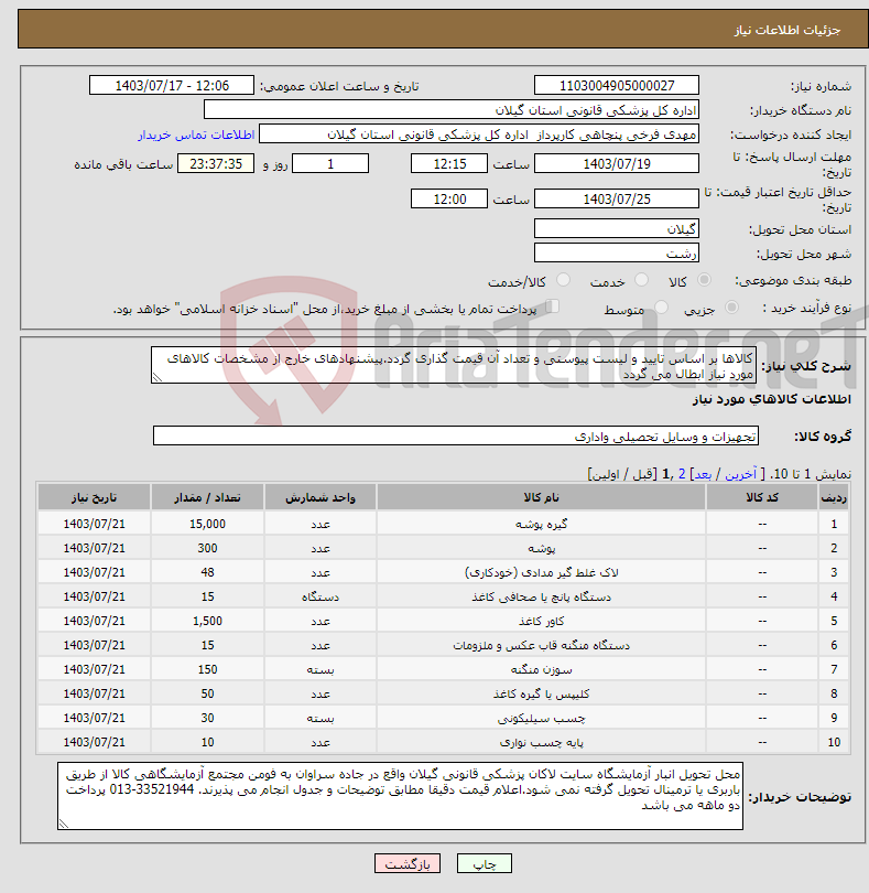 تصویر کوچک آگهی نیاز انتخاب تامین کننده-کالاها بر اساس تایید و لیست پیوستی و تعداد آن قیمت گذاری گردد.پیشنهادهای خارج از مشخصات کالاهای مورد نیاز ابطال می گردد