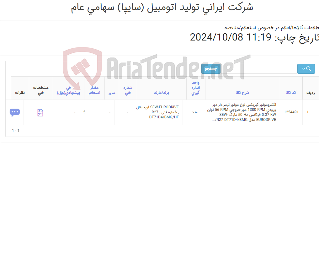 تصویر کوچک آگهی تامین یک ردیف الکتروموتور گیربکس