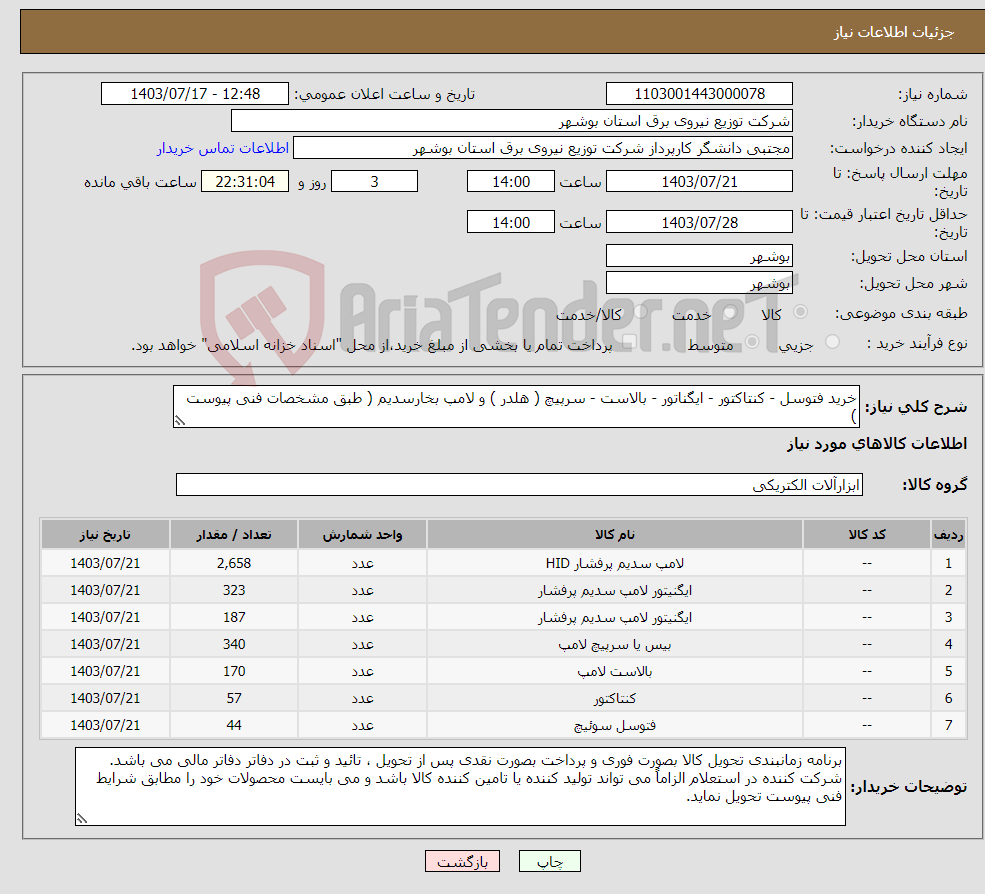 تصویر کوچک آگهی نیاز انتخاب تامین کننده-خرید فتوسل - کنتاکتور - ایگناتور - بالاست - سرپیچ ( هلدر ) و لامپ بخارسدیم ( طبق مشخصات فنی پیوست )