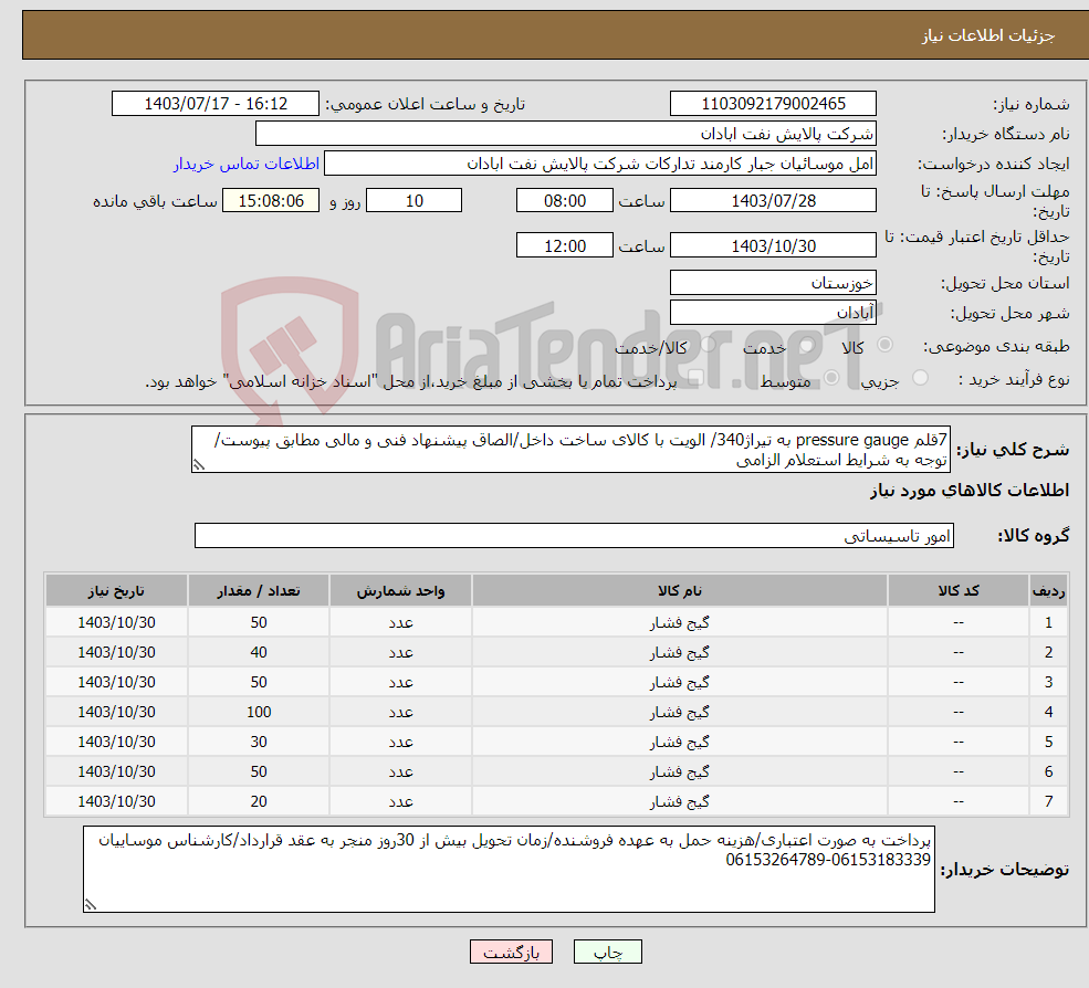تصویر کوچک آگهی نیاز انتخاب تامین کننده-7قلم pressure gauge به تیراژ340/ الویت با کالای ساخت داخل/الصاق پیشنهاد فنی و مالی مطابق پیوست/توجه به شرایط استعلام الزامی