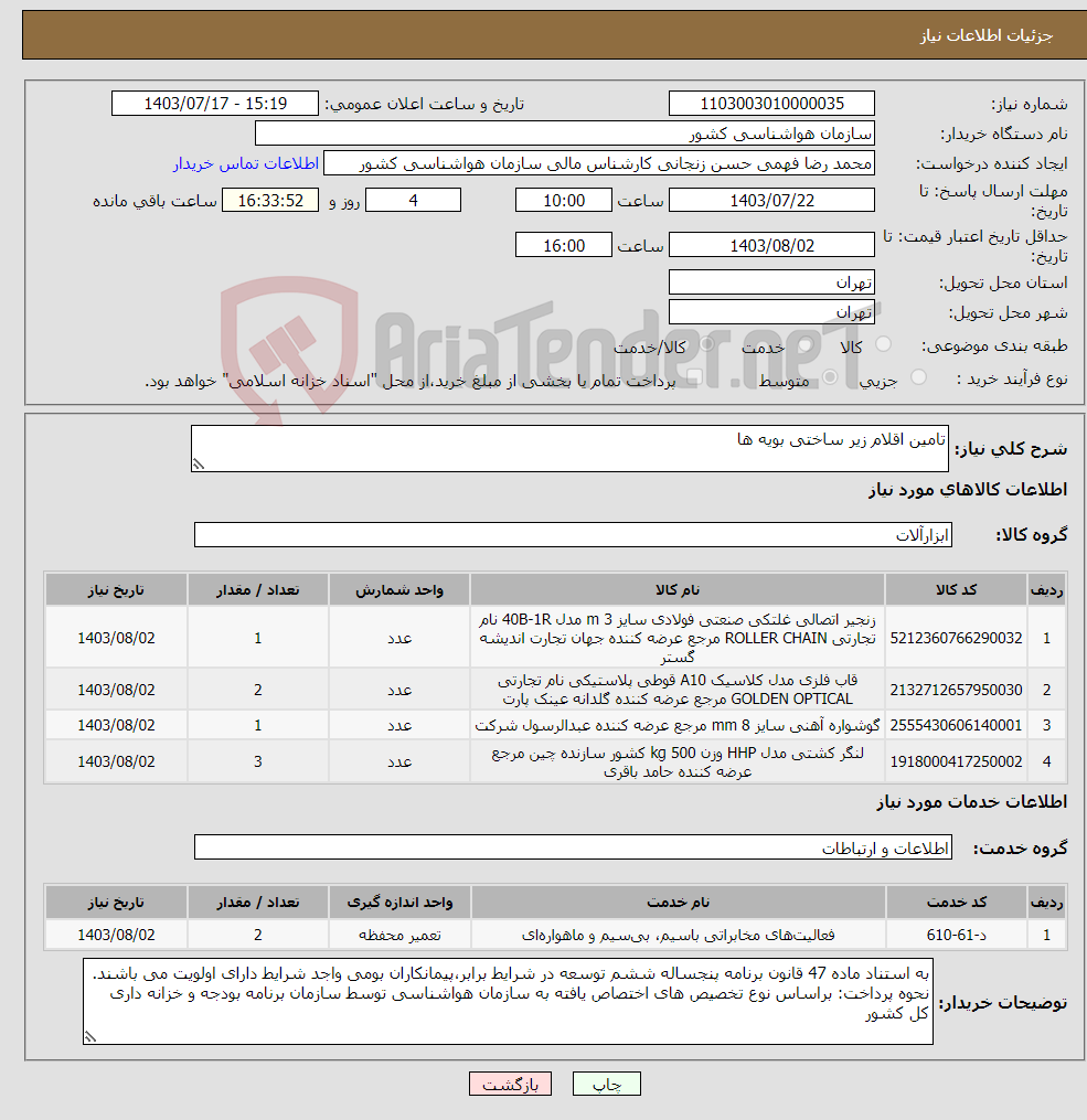 تصویر کوچک آگهی نیاز انتخاب تامین کننده-تامین اقلام زیر ساختی بویه ها 