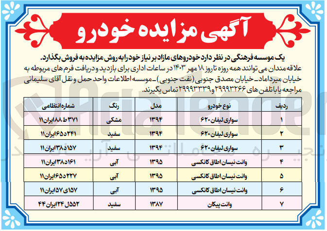 تصویر کوچک آگهی فروش خودرو های مازاد در 7ردیف شامل :
لیفان ،وانت نیسان ،وانت  پیکان