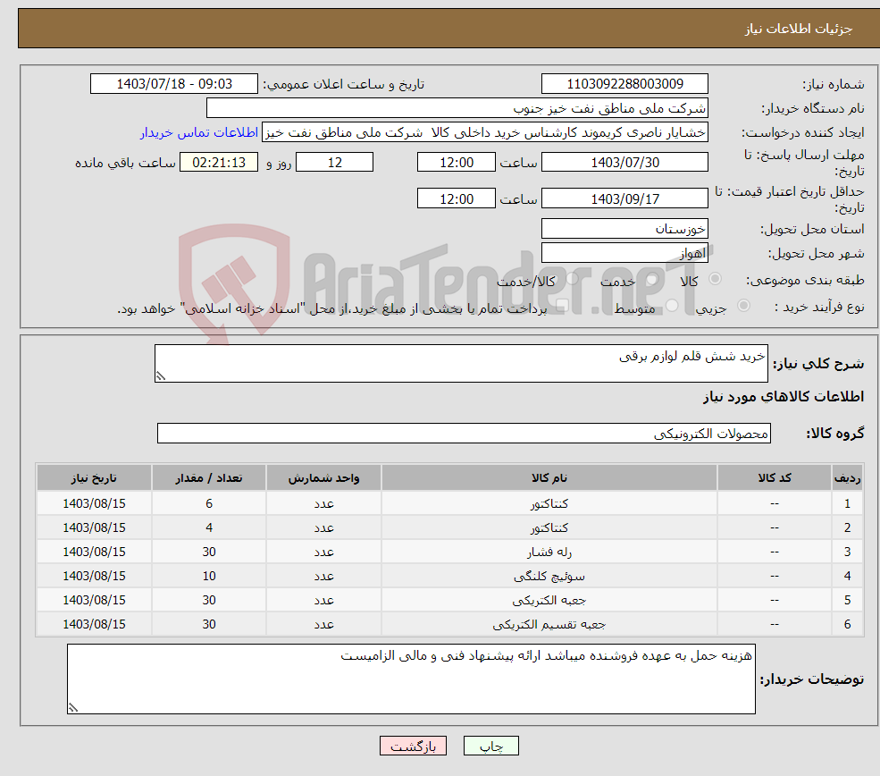 تصویر کوچک آگهی نیاز انتخاب تامین کننده-خرید شش قلم لوازم برقی