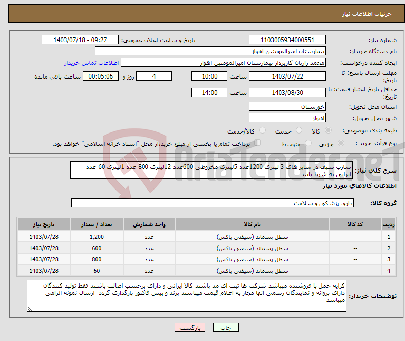تصویر کوچک آگهی نیاز انتخاب تامین کننده-شارپ سیف در سایز های 3 لیتری 1200عدد-5لیتری مخروطی 600عدد-12لیتری 800 عدد-1لیتری 60 عدد ایرانی به شرط تایید