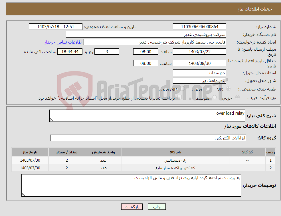 تصویر کوچک آگهی نیاز انتخاب تامین کننده-over load relay