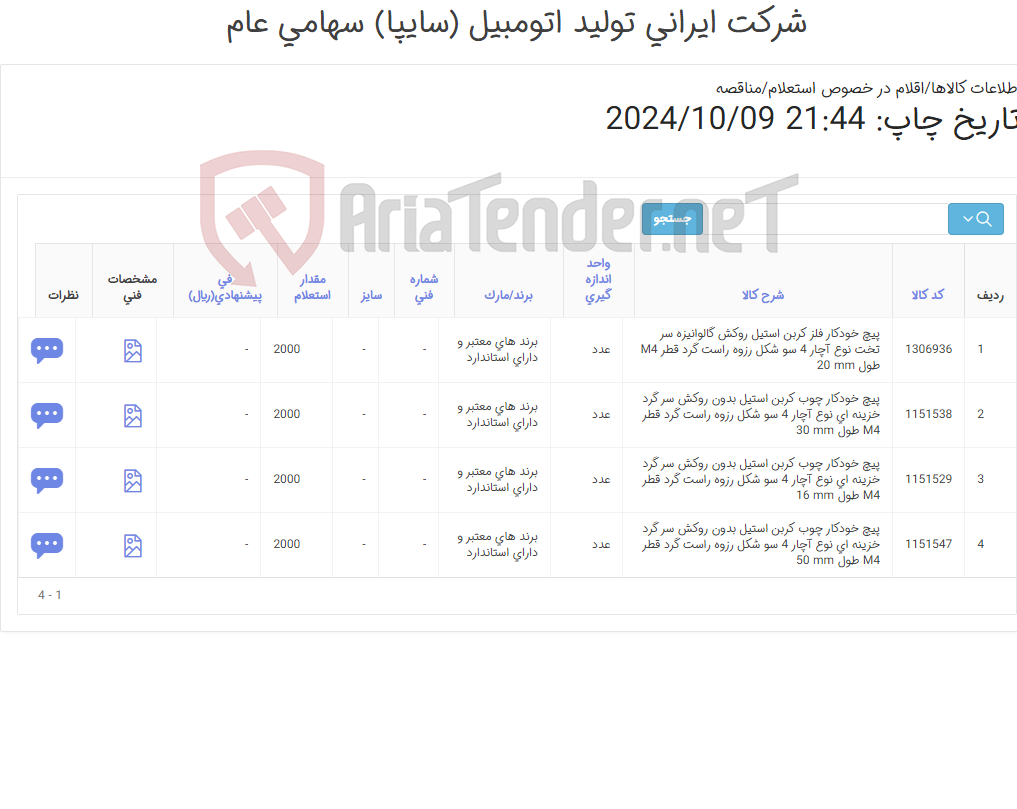تصویر کوچک آگهی تأمین چهار ردیف پیچ های خودکار