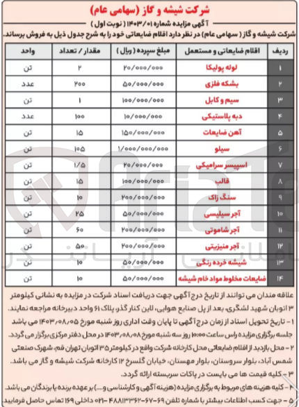 تصویر کوچک آگهی فروش اقلام ضایعاتی :
لوله پولیکا
بشکه فلزی
سیم و کابل
دبه پلاستیکی
آهن ضایعات
سيلو
اسپیسر سرامیکی
قالب
سنگ زاک
آجر سیلیسی
آجر شاموتی
آجر منیزیتی
شیشه خرده رنگی
ضایعات مخلوط مواد خام شیشه