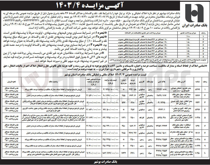 تصویر کوچک آگهی فروش املاک تملیکی در 10 ردیف با کاربری مسکونی -تجاری -اداری و زمین در شهرستان بوشهر شهرهای بندر لنگه- گزبلند -کنگان -