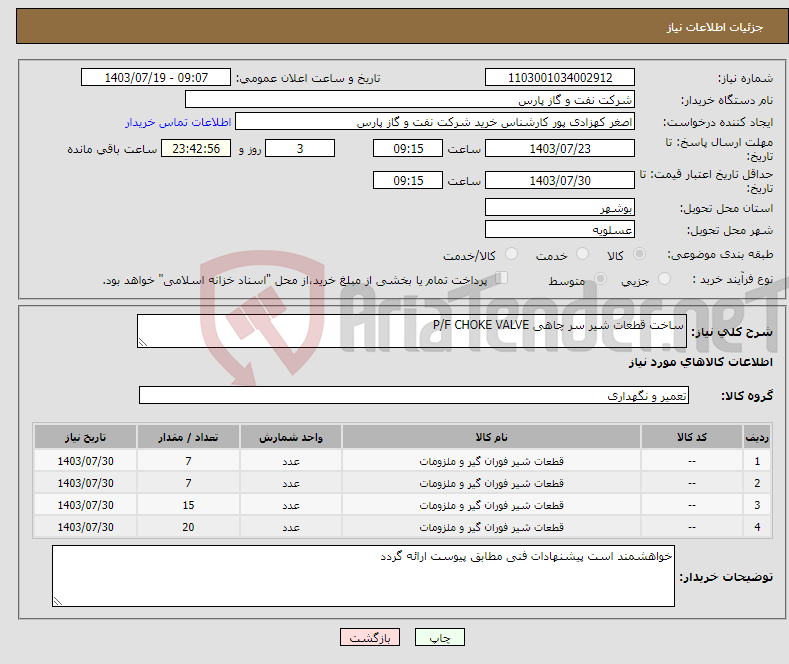 تصویر کوچک آگهی نیاز انتخاب تامین کننده-ساخت قطعات شیر سر چاهی P/F CHOKE VALVE