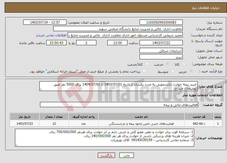 تصویر کوچک آگهی نیاز انتخاب تامین کننده-خرید بیمه حوادث دانشجویی به مدت یکسال از تاریخ 1403/07/01 تا 1404/07/01 برای 5000 نفر طبق توضیحات مندرج.