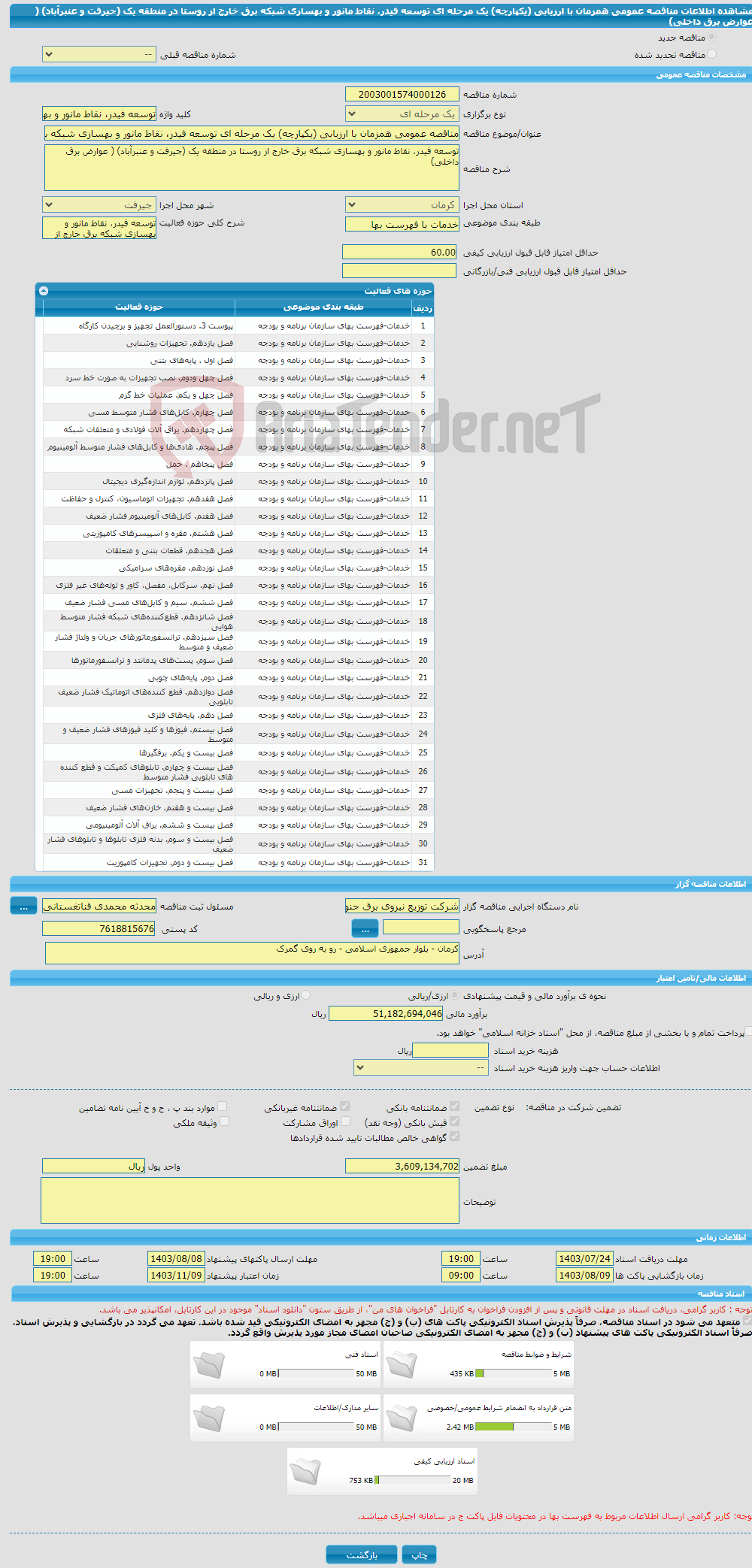 تصویر کوچک آگهی مناقصه عمومی همزمان با ارزیابی (یکپارچه) یک مرحله ای توسعه فیدر، نقاط مانور و بهسازی شبکه برق خارج از روستا در منطقه یک (جیرفت و عنبرآباد) ( عوارض برق داخلی)