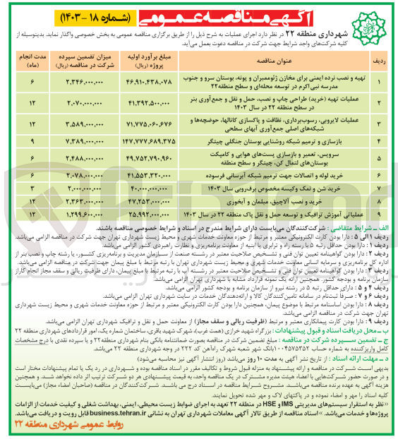 تصویر کوچک آگهی بازسازی و ترمیم شبکه روشنایی بوستان جنگلی چیتگر
