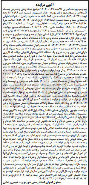 تصویر کوچک آگهی پرونده اجرایی کلاسه :140300037
فروش ششدانگ یک باب سوله به مساحت 5000 مترمربع 