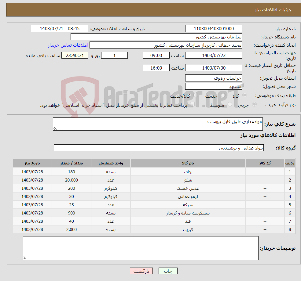 تصویر کوچک آگهی نیاز انتخاب تامین کننده-موادغذایی طبق فایل پیوست