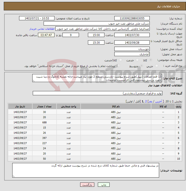 تصویر کوچک آگهی نیاز انتخاب تامین کننده-13 قلم اتصالات (نیپل)طبق شرح پیوست -بازرسی سطح 2 مورد نیاز میباشد-ارائه نقشه کاتالوگ و دیتا شیت جهت بررسی پیشنهاد فنی الزامیست-توضیحات