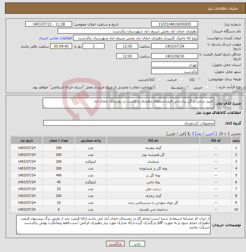 تصویر کوچک آگهی نیاز انتخاب تامین کننده-خرید درخت و گل براساس فرم استعلام دهیاری و کاشت در روستای جمال آباد