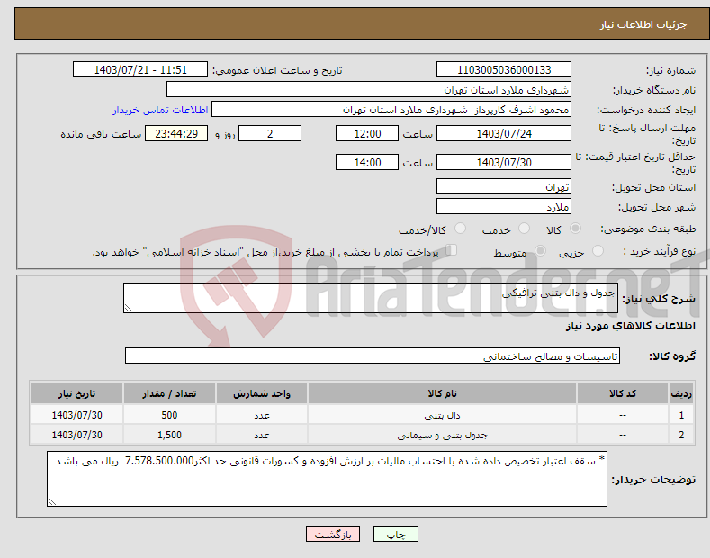 تصویر کوچک آگهی نیاز انتخاب تامین کننده-جدول و دال بتنی ترافیکی 