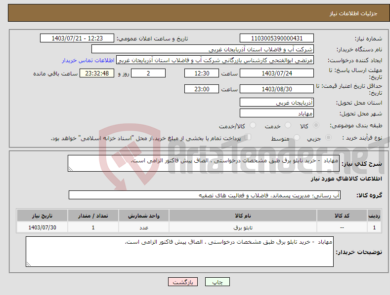 تصویر کوچک آگهی نیاز انتخاب تامین کننده-مهاباد - خرید تابلو برق طبق مشخصات درخواستی . الصاق پیش فاکتور الزامی است.