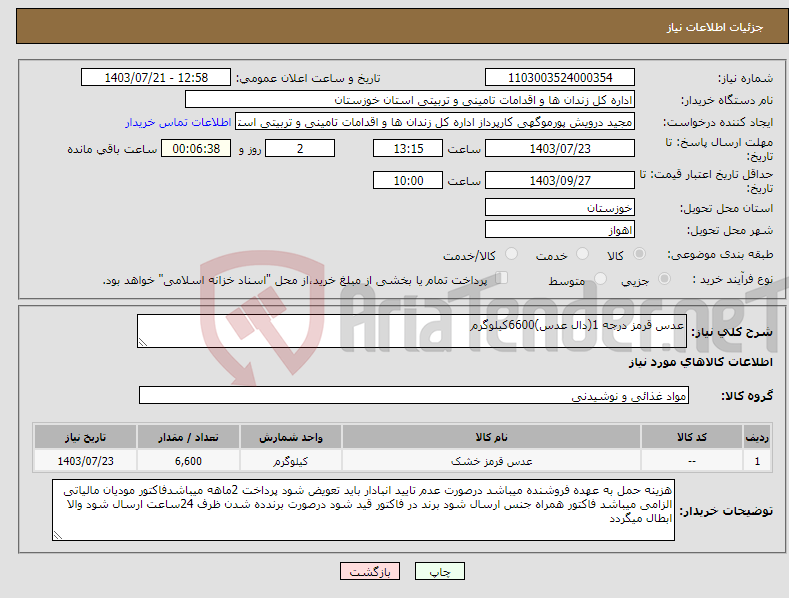 تصویر کوچک آگهی نیاز انتخاب تامین کننده-عدس قرمز درجه 1(دال عدس)6600کیلوگرم