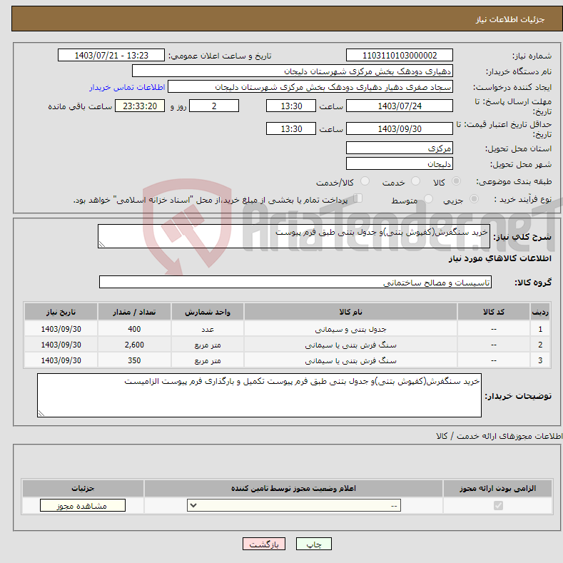 تصویر کوچک آگهی نیاز انتخاب تامین کننده-خرید سنگفرش(کفپوش بتنی)و جدول بتنی طبق فرم پیوست