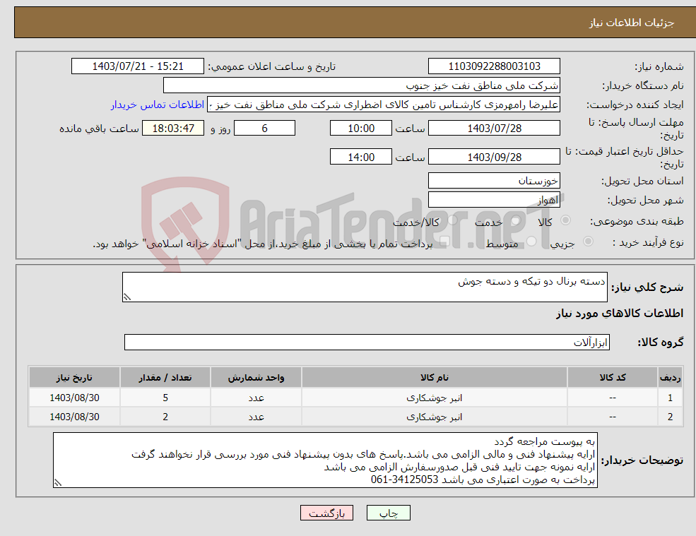 تصویر کوچک آگهی نیاز انتخاب تامین کننده-دسته برنال دو تیکه و دسته جوش