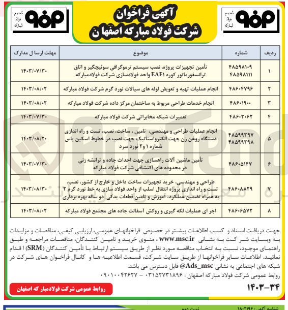 تصویر کوچک آگهی تأمین تجهیزات پروژه نصب سیستم ترموگرافی سوئیچگیر و اتاق ترانسفورماتور کوره EAF۱ واحد فولادسازی شرکت فولاد مبارکه
