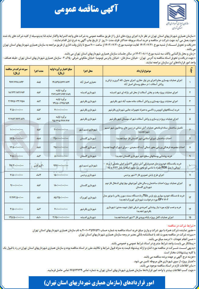 تصویر کوچک آگهی اجرای عملیات بهسازی معابر (اجرای بتن نوار حفاری اجرای جدول، لکه گیری و تراش و روکش آسفالت) در سطح روستای اصیل آباد