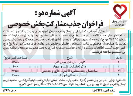 تصویر کوچک آگهی ساخت ساختمان های جدی الاحداث در قالب طرح توسعه بیمارستان 