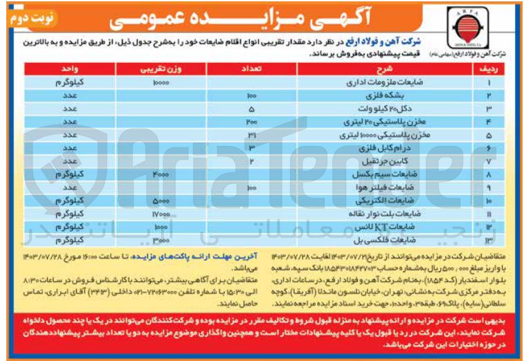 تصویر کوچک آگهی فروش مقدار تقریبی انواع اقلام ضایعات در 13 ردیف شامل :
بشکه فلزی ،ضایعات ملزومات اداری ،دکل 20 کیلوولت ،کابین جرثقیل ،ضایعات سیم بکسل ،ضایعات الکتریکی ،ضایعات فیلتر هوا و....