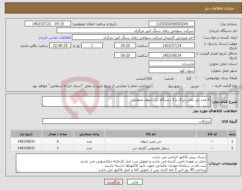 تصویر کوچک آگهی نیاز انتخاب تامین کننده-6 عدد تی نخی بزرگ و 3 دستگاه تی شوی صنعتی