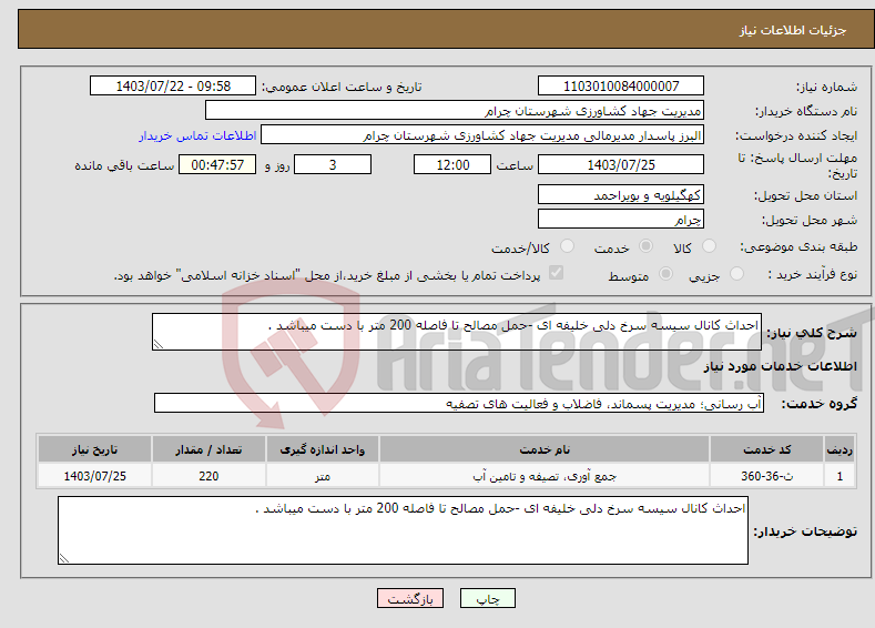 تصویر کوچک آگهی نیاز انتخاب تامین کننده-احداث کانال سیسه سرخ دلی خلیفه ای -حمل مصالح تا فاصله 200 متر با دست میباشد .