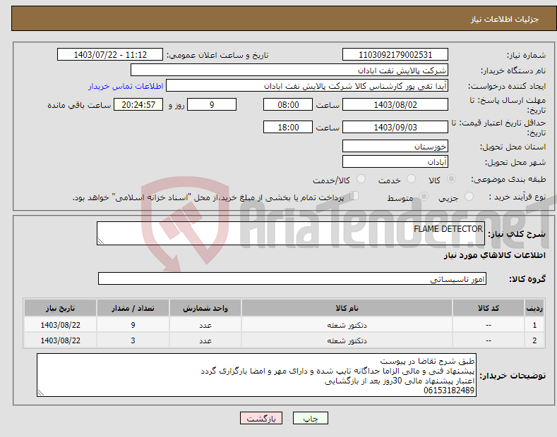تصویر کوچک آگهی نیاز انتخاب تامین کننده-FLAME DETECTOR