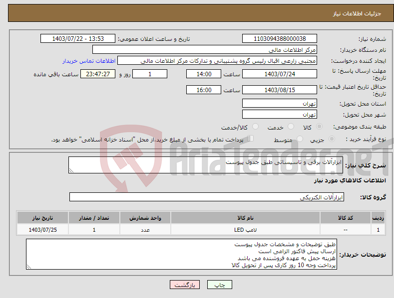 تصویر کوچک آگهی نیاز انتخاب تامین کننده-ابزارآلات برقی و تاسیساتی طبق جدول پیوست