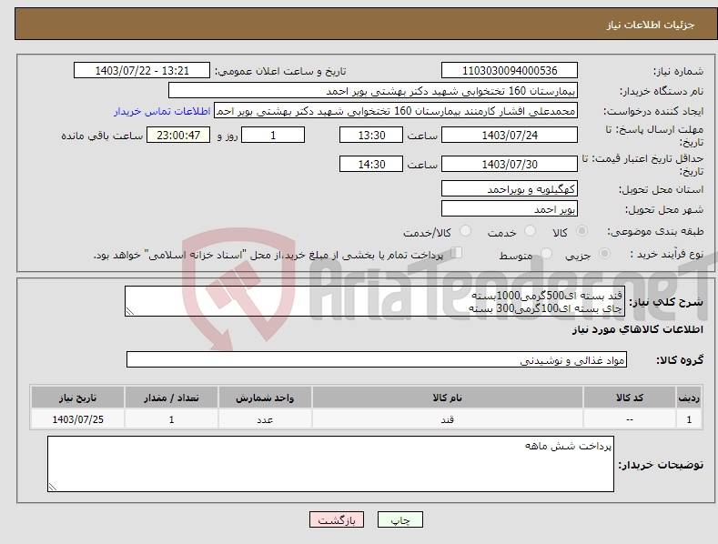 تصویر کوچک آگهی نیاز انتخاب تامین کننده-قند بسته ای500گرمی1000بسته چای بسته ای100گرمی300 بسته