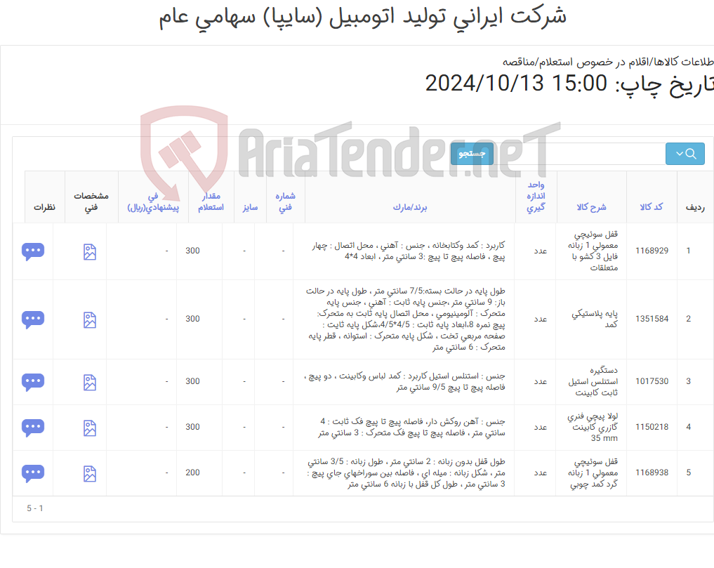 تصویر کوچک آگهی 5 ردیف پایه ,دستگیره ,قفل و لولا (مطابق اطلاعات و تصاویر پیوست )