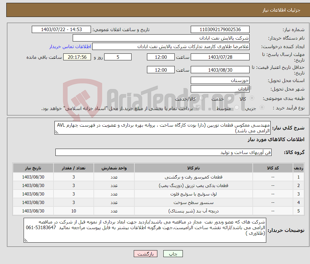 تصویر کوچک آگهی نیاز انتخاب تامین کننده-مهندسی معکوس قطعات توربین (دارا بودن کارگاه ساخت ، پروانه بهره برداری و عضویت در فهرست چهارم AVL الزامی می باشد)