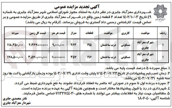 تصویر کوچک آگهی فروش دوقطعه زمین در شهرک مغزآباد جابری باکاربری مسکونی 