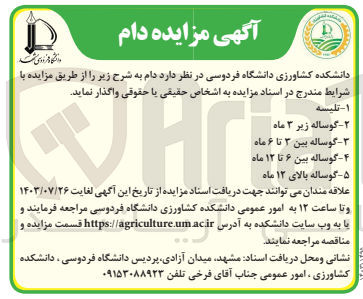 تصویر کوچک آگهی واگذاری دام شامل :
گوساله زیر 3ماه 
کوساله بین 3تا 6ماه
گوساله بین 6تا12 ماه
گوساله بالای 12ماه 