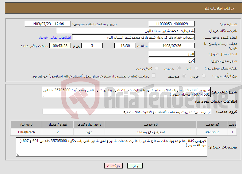 تصویر کوچک آگهی نیاز انتخاب تامین کننده-لایروبی کانال ها و منهول های سطح شهر با نظارت خدمات شهر و امور شهر تلفن پاسخگو : 35705000 داخلی 601 و 607 ( مرحله سوم )